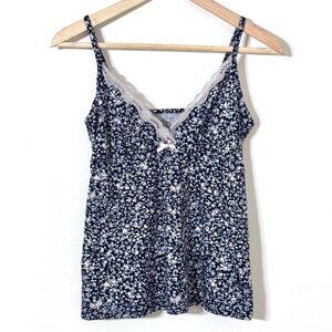 Laura Ashley Babydoll Camisole Tank Top Micro Floral Lace Trim Bow Navy Y2K Cami
